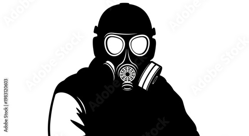 Man Wearing Gas Mask Silhouette, Protection Against Pollution, Danger, Hazmat Suit