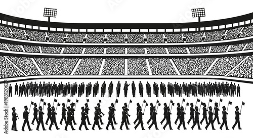 Marching Band Parade in Stadium Crowd, Black and White Illustration