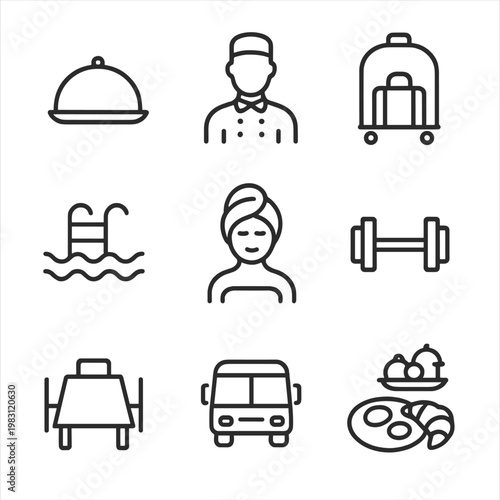 Hotel amenities icons: dining, fitness, spa, and transport services