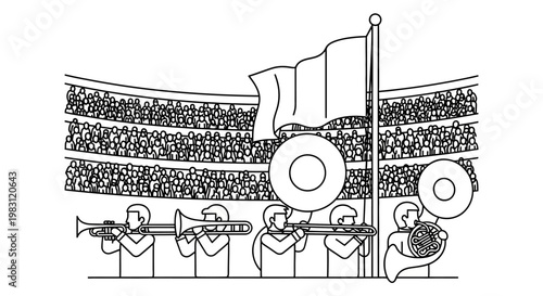 Marching Band Performs in Stadium with Cheering Crowd and Waving Flag