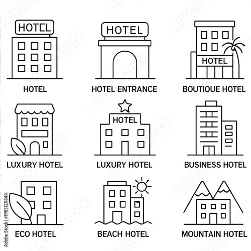 Outline icons of various hotel types and styles on gray background