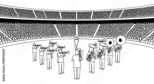 Marching Band Performing in Stadium Crowd