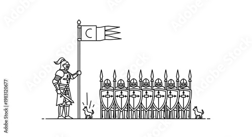 Medieval Knight Holding Banner Leads Army Formation with Dogs