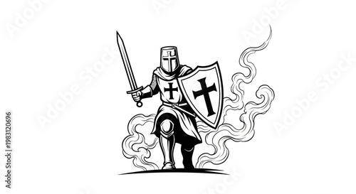 Medieval Knight Warrior with Sword and Shield, Crusader Symbol, Smoke Effect