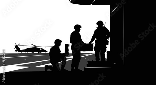 Military helicopter landing zone, soldiers loading cargo, tactical operation, teamwork, logistics