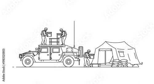 Military Humvee, Soldiers, Tent, and Supplies at a Forward Operating Base