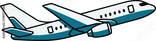 Cartoon illustration of a teal passenger airplane in flight against a white background
