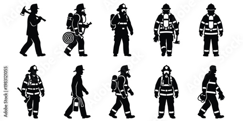 Firefighter silhouette vector set, 10 professional fireman icons in full gear, emergency responder silhouettes with axe and equipment for rescue design