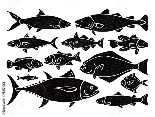 Linocut Style Saltwater Fish Seafood Collection.