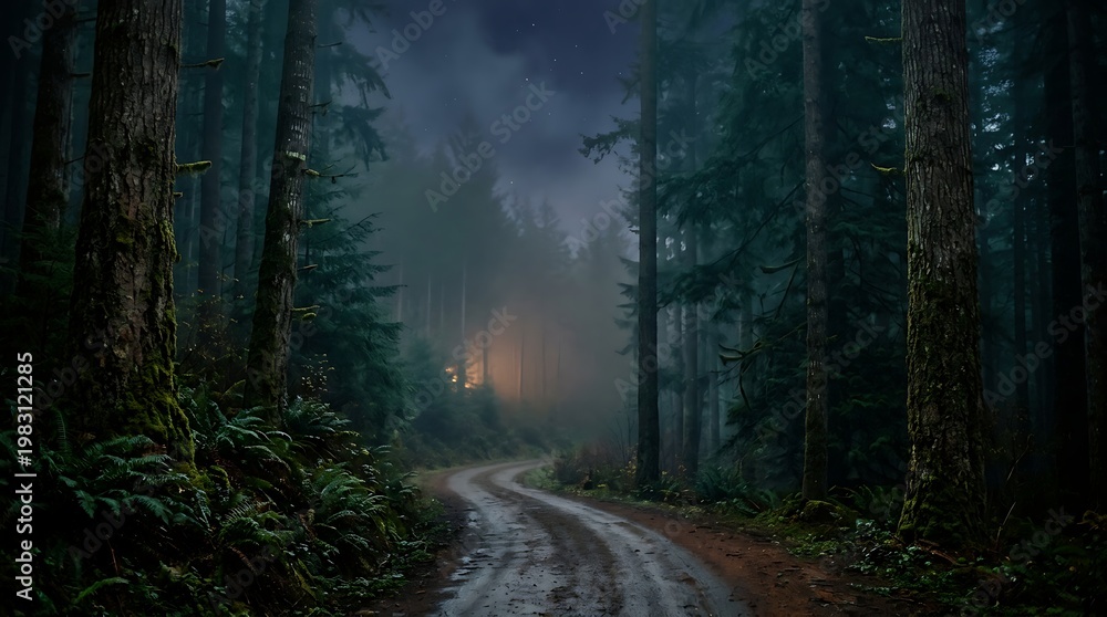 Obraz premium A winding dirt road through a dense and misty forest at night