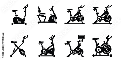 Stationary exercise bike icon set, 8 black silhouette fitness cycle vectors, indoor cardio workout equipment for gym and home training