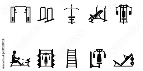 Gym equipment icons set, 10 black fitness machine vectors, workout station and weightlifting bench symbols, professional exercise gear illustrations