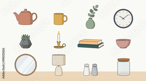 Various household items on a shelf.