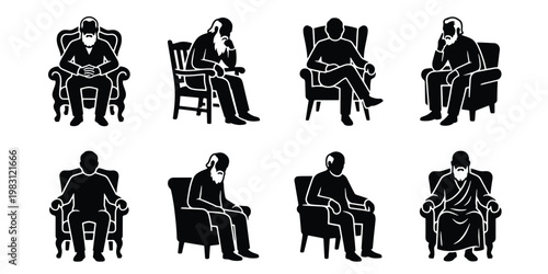 Black silhouette icons of men sitting in armchairs, set of 8 vector figures of elderly gentlemen in chairs, male characters resting in furniture