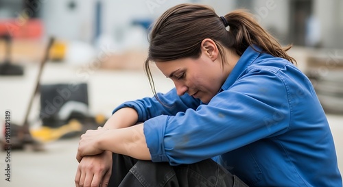 Sad woman sitting alone on a construction site looking depressed and worried.