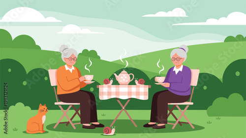 Two elderly women sitting in a green garden and enjoying tea at a small table with snails and a cat, representing peaceful retirement.