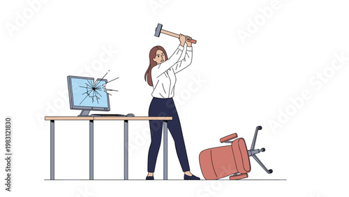 Angry woman in office attire swinging a hammer to smash a computer monitor with broken glass and a fallen chair on white background.
