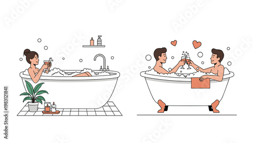 Comparison of a woman enjoying a bubble bath alone with a cocktail and a romantic couple sharing a tub with champagne and hearts.