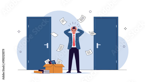 Stressed businessman standing between two doors with flying papers and a cardboard box of office supplies, depicting a career crisis.