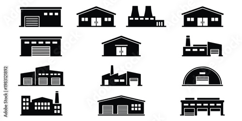 Industrial warehouse icons set, black factory building silhouettes, collection of 13 logistics and manufacturing facility vector symbols for supply chain maps