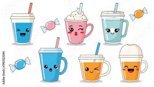 Collection of cute kawaii beverage cups with different facial expressions and straws, accompanied by small wrapped candies on white background.