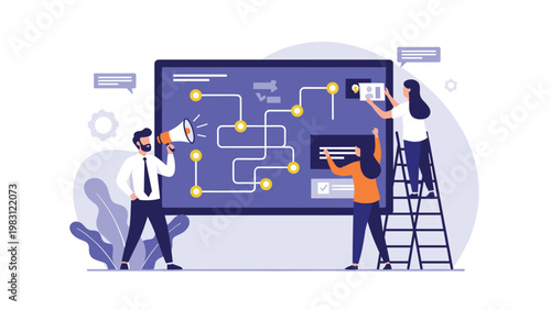 Team of professionals working together on a complex project strategy displayed on a large screen with paths and nodes in a modern office.