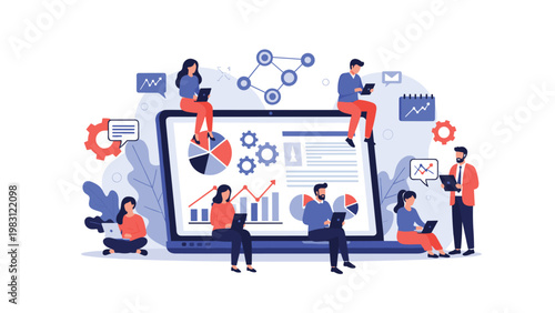 Group of tiny people analyzing data and statistics on a giant laptop screen with charts and graphs, representing teamwork and business analytics.