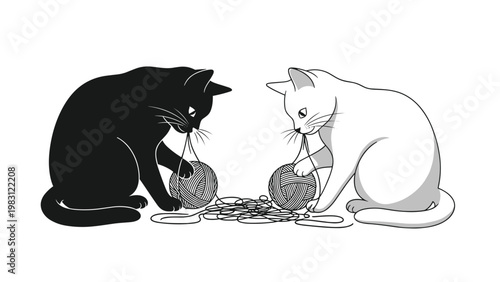 Black cat and white cat playing with balls of yarn in a minimalist illustration style, showing their curious and playful nature on white.