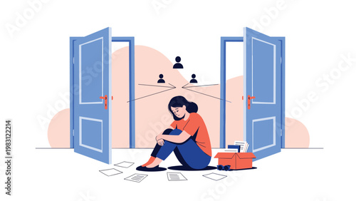 Sad woman sitting on the floor between two open doors with scattered papers and an empty cardboard box, depicting job loss or relocation.