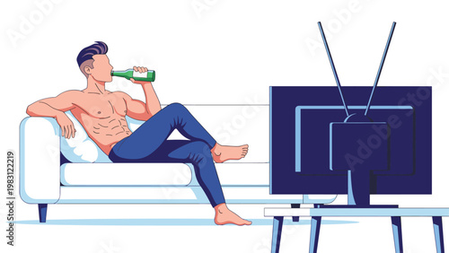 Shirtless man sitting on a sofa and drinking beer while watching television in a dark room, representing relaxation and leisure time at home.