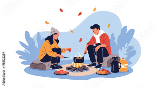 Young couple enjoys cooking food over a cozy campfire while spending time outdoors during a beautiful autumn day.
