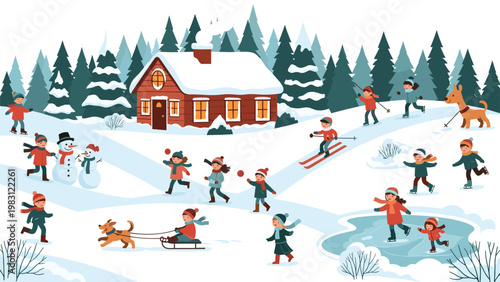 Busy winter village scene features people of all ages enjoying various activities like skiing, skating, and sledding.