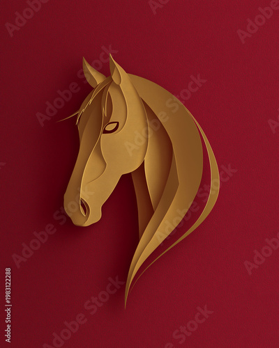 A golden paper cutout of a horse's head with flowing mane against a deep red background.
