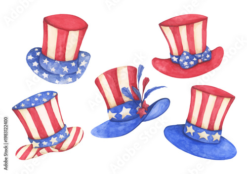 Watercolor Uncle Sam hat illustration, American flag red white blue star and stripes cap design, 4th of July Independence Day celebration decor, USA patriotic holiday accessory vintage retro symbol