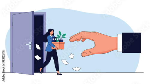 Upset office worker leaves the building through a doorway carrying a box of her belongings after being laid off.