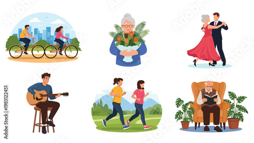 Set of active seniors enjoys various hobbies like cycling, gardening, and dancing to maintain a healthy lifestyle.