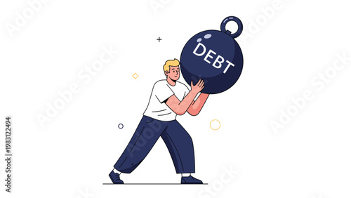 Strong man struggles to carry a massive black weight labeled debt on his shoulders as a symbol of financial burden.