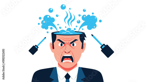 Extremely angry businessman with steam coming from his head is surrounded by tools in a stress concept image.