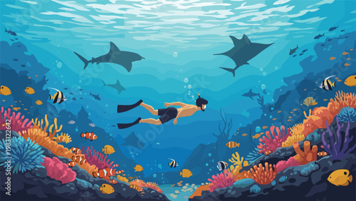 Man snorkels through a magnificent coral reef teeming with colorful tropical fish and majestic underwater life.