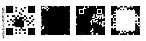 set of four black and white qr codes on minimalist grid background