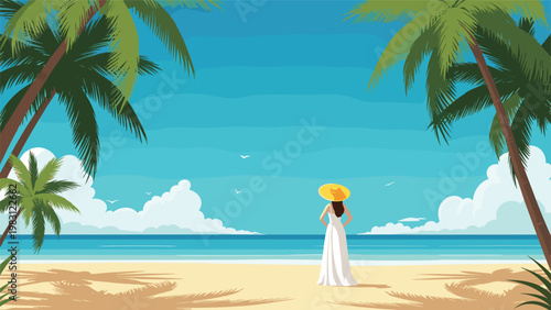 Elegant woman in a long white dress looks out at a peaceful tropical beach with palm trees and blue water.