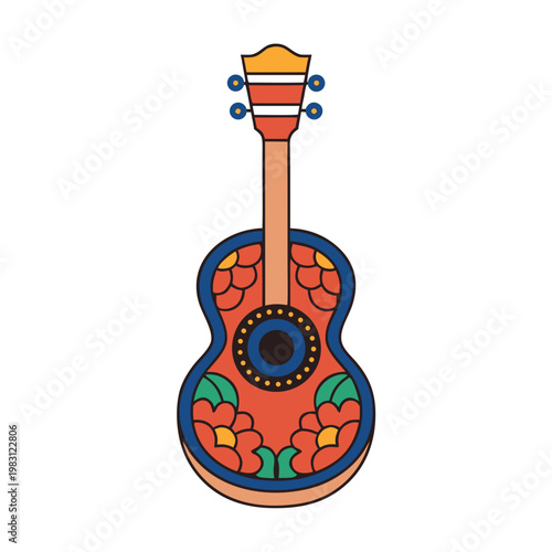 Vibrant Folk Guitar Illustration with Floral Motifs, Capturing a Festive Musical Spirit