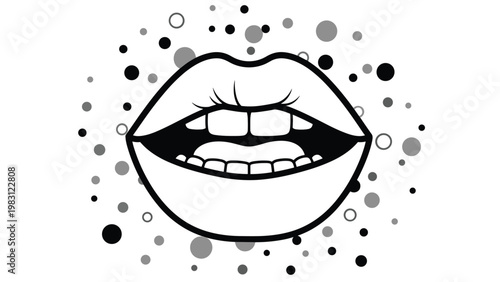 Stylized illustration depicts open lips and teeth surrounded by a scattering of dots in a minimalist black and white design.