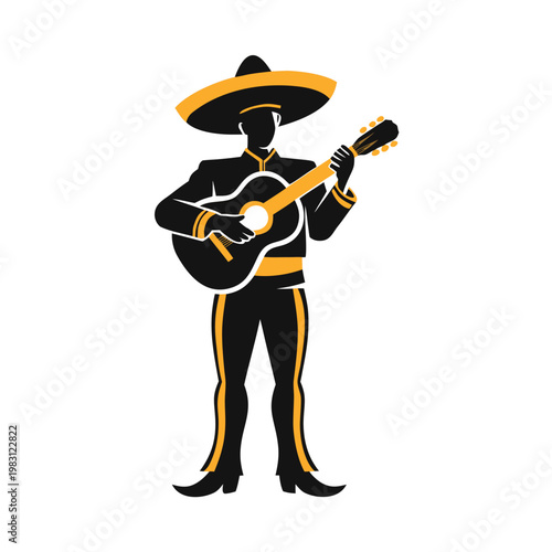 Dynamic minimalist flat vector illustration of a vibrant Mexican mariachi musician passionately playing a guitar, embodying traditional culture and festive music