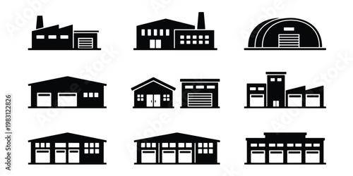 Industrial warehouse icons set, black factory building silhouettes, 9 vector manufacturing plant symbols for logistics and supply chain infographics