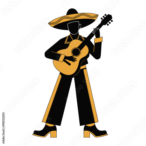 Minimalist vector illustration of a musician wearing a sombrero and playing a guitar, perfect for cultural themes and entertainment
