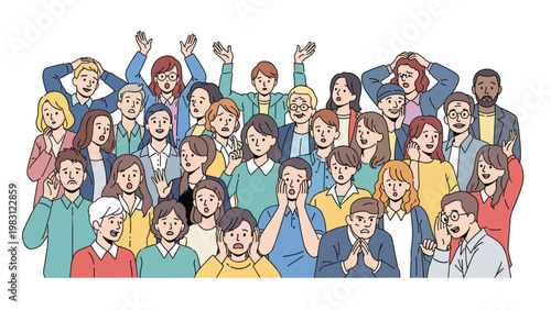 Crowd of diverse people expresses intense emotions like shock, worry, and surprise during a dramatic or unexpected event.