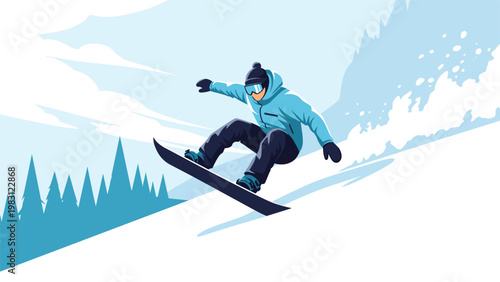 Skilled snowboarder performs an exciting jump while descending a snowy mountain slope amidst a scenic winter forest.