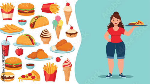 Cheerful plump woman holds a tray of pizza while surrounded by many icons of delicious fast food and various sweet desserts.