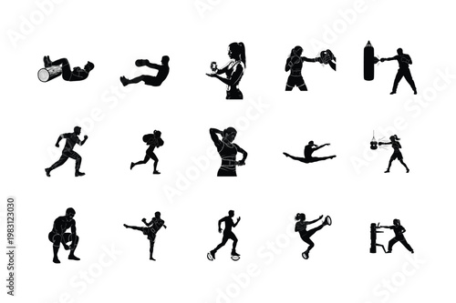 Dynamic Fighting Styles and Kung Fu Silhouette Graphics Action Poses, Karate Defense, and Self Defense Icons